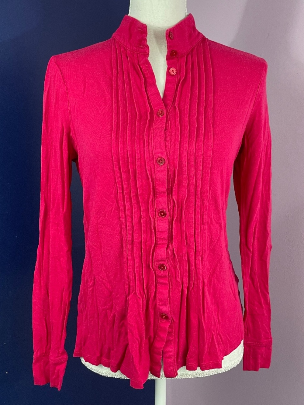 Talbots Raspberry Pink Ruffled Button-Front Blouse Rayon Lyocell Pintucked